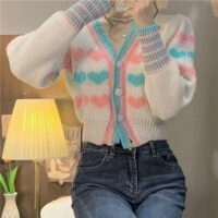 Cardigan court tricoté en forme de cœur double couleur Kawaii Cardigans kawaii