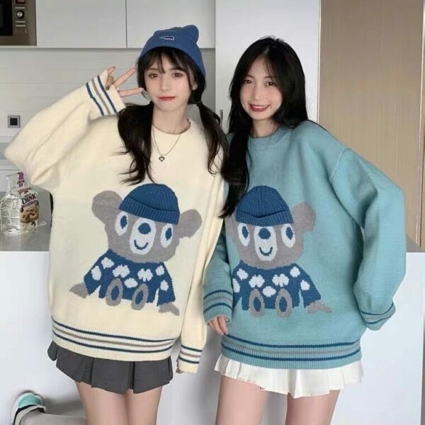 Dwukolorowy sweter z dzianiny w kształcie misia Kawaii Kawaii z kreskówek