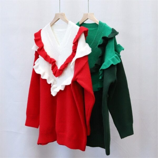 Joli pull à volants double couleur Kawaii tricoté
