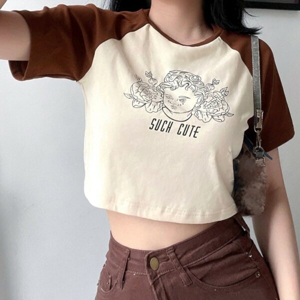 T-shirt corta con colletto tondo e stampa vintage con angeli Lettera kawaii