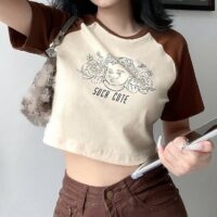 T-shirt corta con colletto tondo e stampa vintage con angeli Lettera kawaii