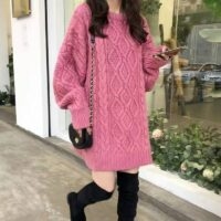 Vintage Pure Color Long Loose Knitted Sweaters All-match kawaii