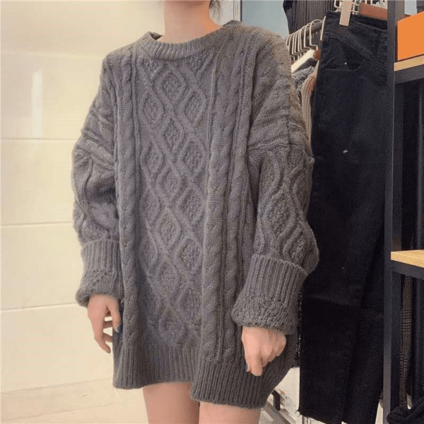 Vintage Pure Color Long Loose Knitted Sweaters All-match kawaii