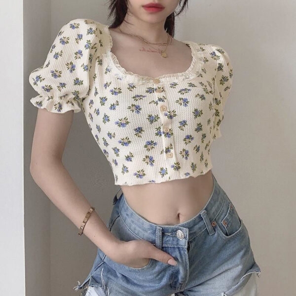 Tops con estampado floral vintage Camiseta kawaii