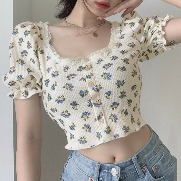 Vintage bloemenprint topjes T-shirt kawaii