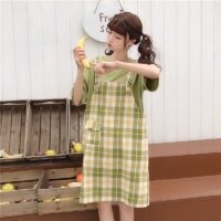 주머니가 달린 녹색 격자 무늬 드레스 어린이 여름 귀엽다