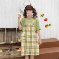 Green Plaid Dress With Pocket Children Summer kawaii