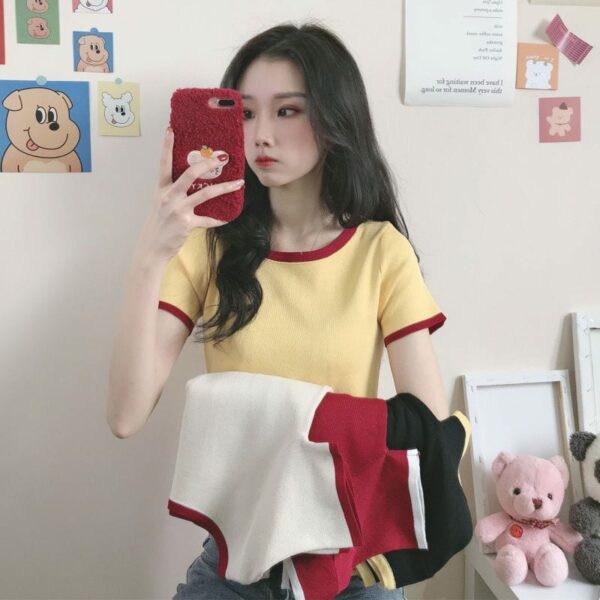 귀여운 배색 쇼트 티셔츠 자르기 탑 카와이