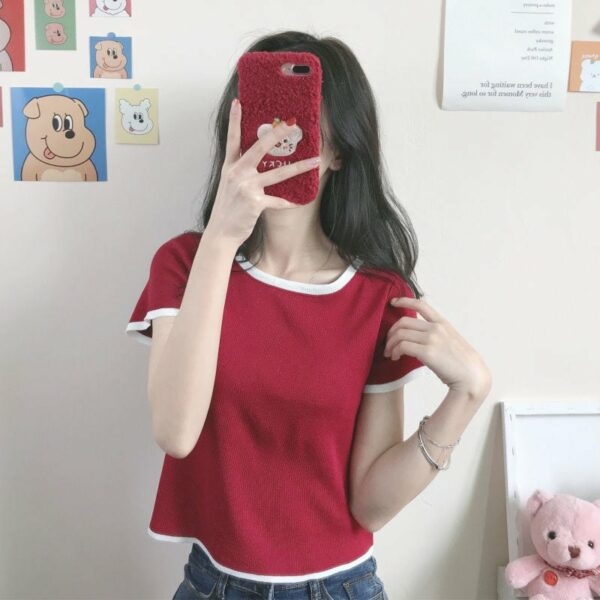 Linda camiseta corta de color en contraste Top corto kawaii