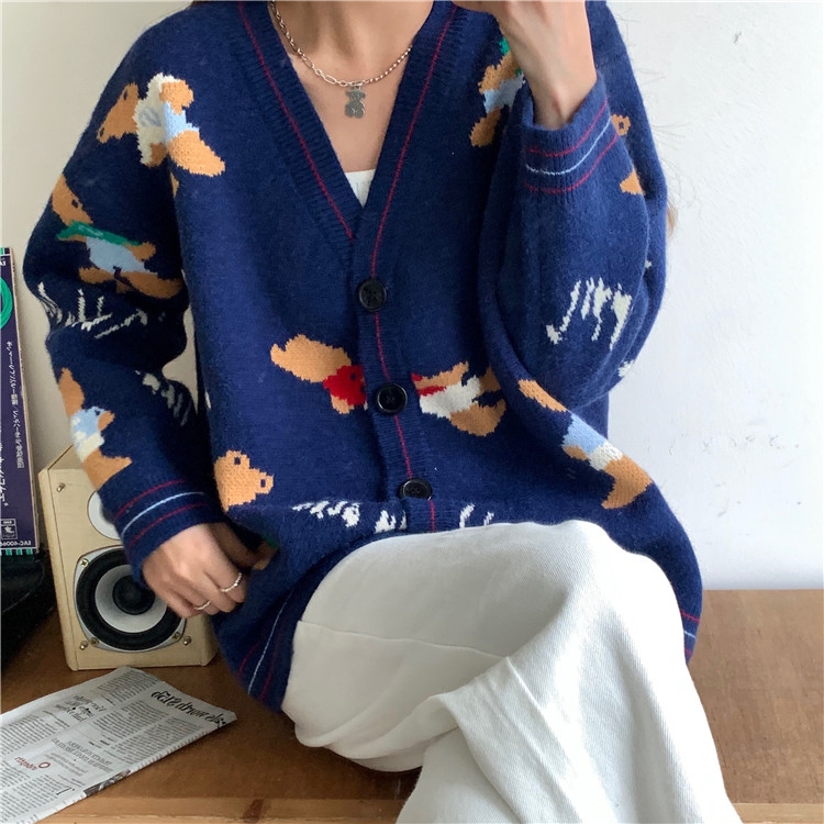 Kawaii Bear Knitted Loose Cardigan - Kawaii Fashion Shop | Cute