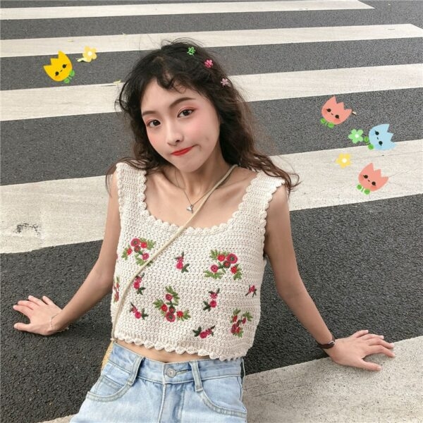Koreanische Mode-Häkelweste mit Blumenmuster Korsett-Tops kawaii