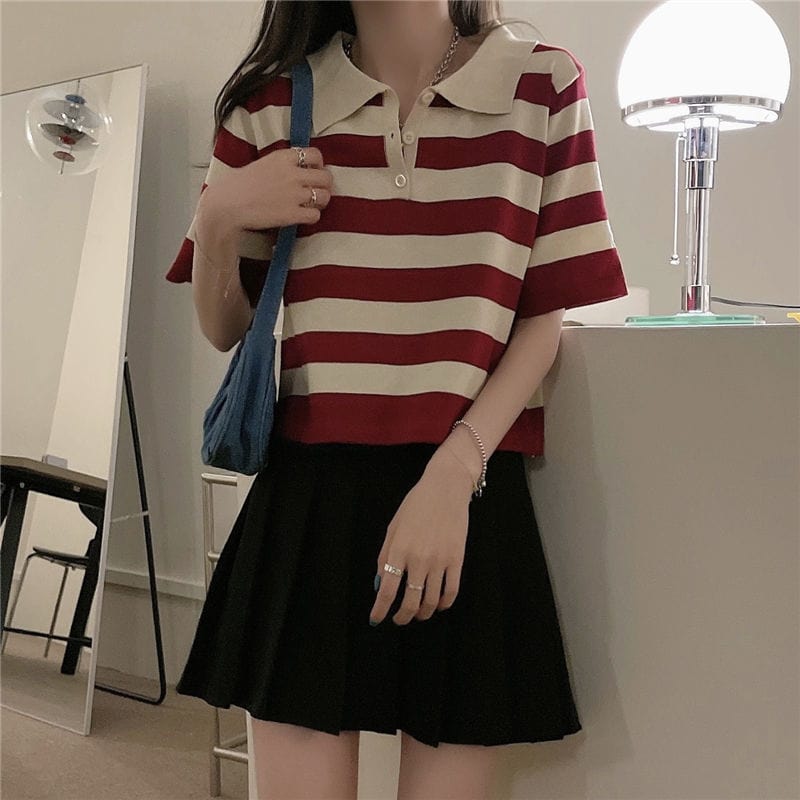 Kawaii Turn-down Collar Striped T-shirt - Kawaii Fashion Shop | Cute ...