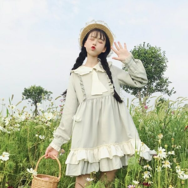 Vestido Falbala em camadas com gola de boneca Lolita Harajuku kawaii