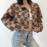 Casaco jeans curto com padrão xadrez vintage Jaquetas kawaii