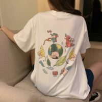 Luźna bawełniana koszulka z nadrukiem kreskówkowym Śliczne kawaii