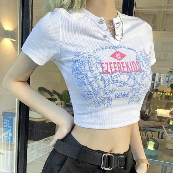 T-shirt court à col en V imprimé lettres roses E-fille kawaii