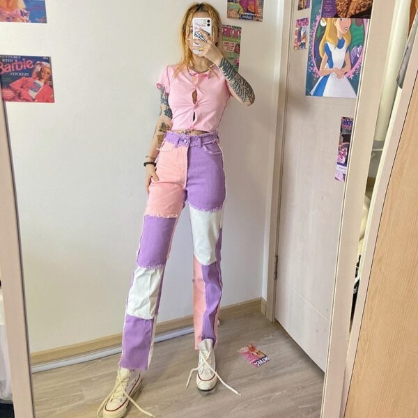 Pantalone in denim viola rosa 5