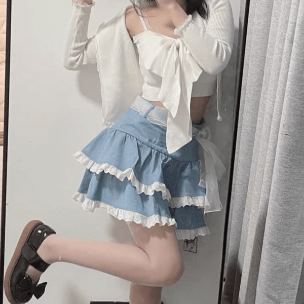 Harajuku volanger hög midja kjol japansk kawaii