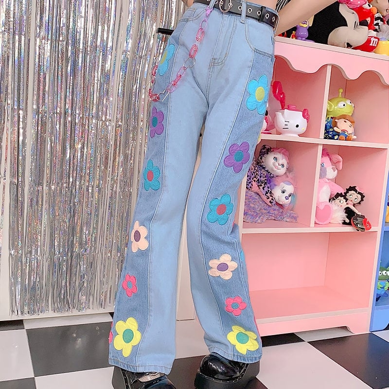 Kawaii Colorful Daisy Denim Pants - L