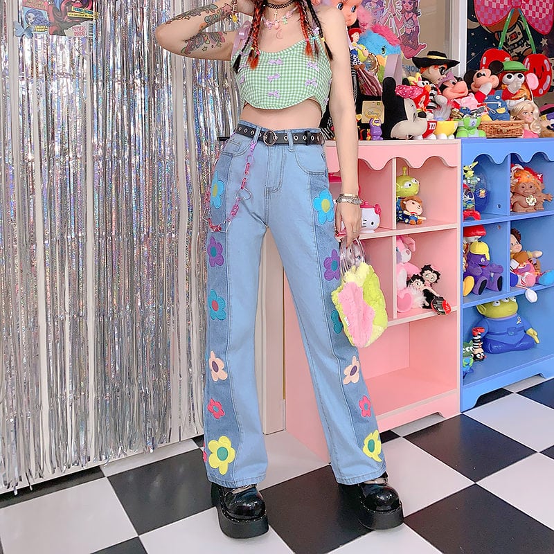 Kawaii Colorful Daisy Denim Pants - Kawaii Fashion Shop | Cute Asian ...
