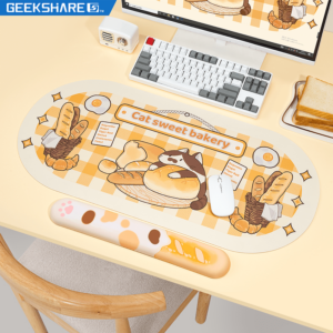 Alfombrilla de ratón y teclado con diseño de gato de dibujos animados, reposamuñecas, kawaii