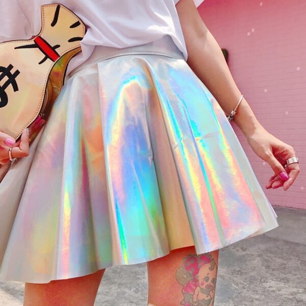 原宿虹色ホログラフィック テニス スカートAラインスカートかわいい