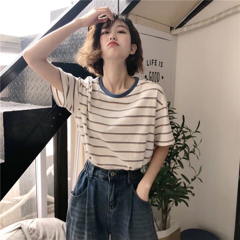 Harajuku Ulzzang Pastel Striped T-shirt - Kawaii Fashion Shop | Cute ...