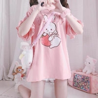 T-shirt con maniche a onda di coniglio rosa fragola coniglietto kawaii