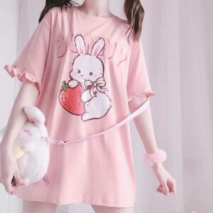 Camiseta manga ondulada rosa morango coelho coelho kawaii