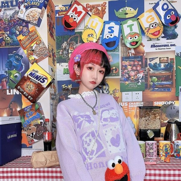 Suéter roxo Kawaii Lavender Kitten com gola redonda Kawaii japonês