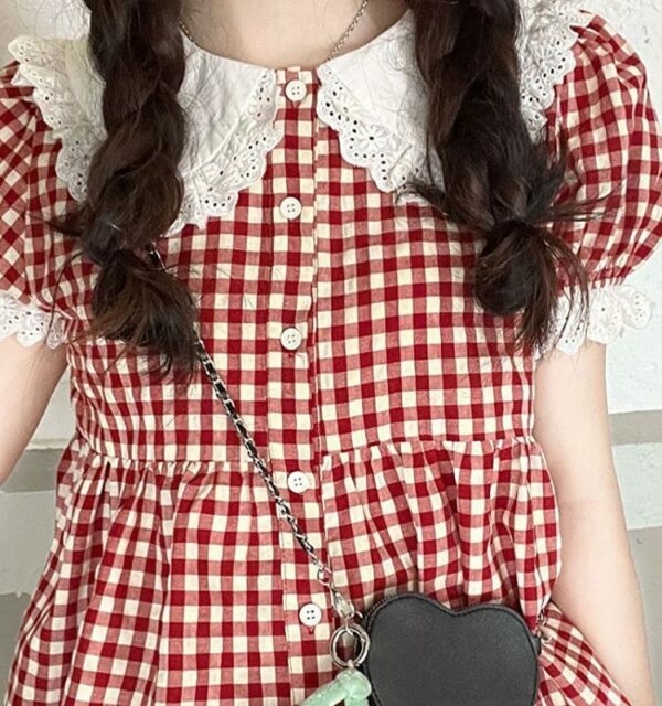 Camisa de boneca xadrez vermelha com gola de renda Kawaii Kawaii japonês
