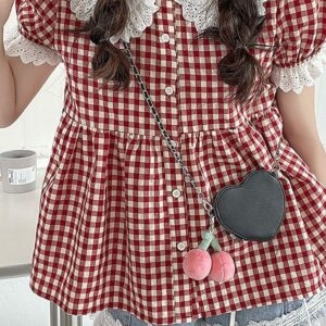 Chemise de poupée à carreaux rouges avec col en dentelle Kawaii Kawaii japonais