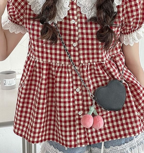 Chemise de poupée à carreaux rouges avec col en dentelle Kawaii Kawaii japonais