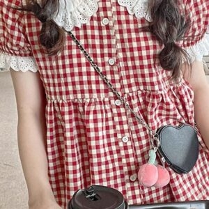 카와이 레이스 칼라 붉은 격자 무늬 인형 셔츠 일본어 귀엽다