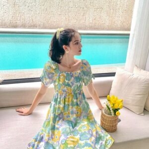 Sommargrön blommig klänning blommig klänning kawaii