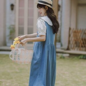 Japoński zestaw spódnic z szelkami ze słodkiego dżinsu Spódnica dżinsowa kawaii