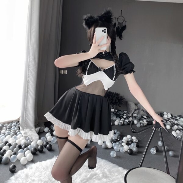 Rückenfreies Kleid mit schwarzer Spitze und Schleife Cosplay-Kawaii