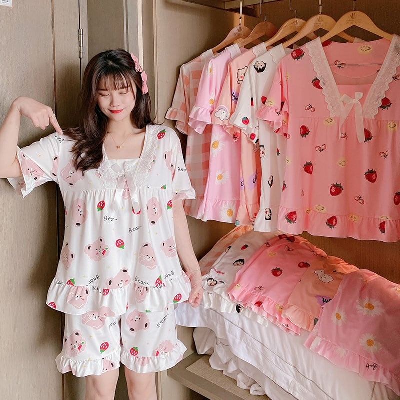 Cute With Print Short Sleeve Pajamas - Kawaii Fashion Shop | Cute Asian  Japanese Harajuku Cute Kawaii Fashion Clothing