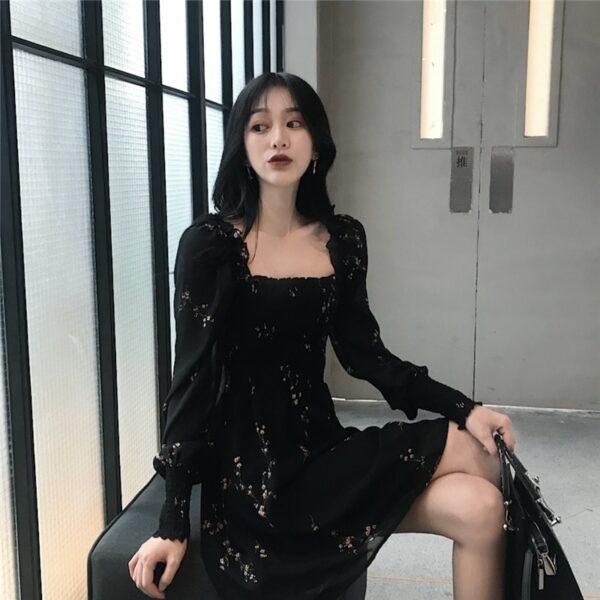 Black Flower Long Puff Sleeve Chiffon Dress - Kawaii Fashion Shop ...