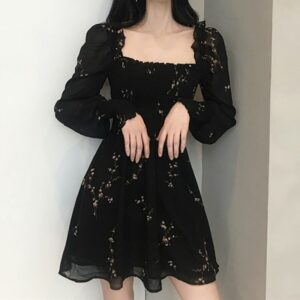 Black Flower Long Puff Sleeve Chiffong Dress Korea Snygg kawaii