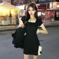 Kawaii Slim Fitted Side Slit Black Short Dress Black Dress kawaii