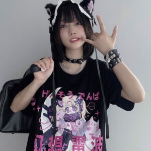 Kawaii Czarny Punk Anime T-shirt Anime kawaii