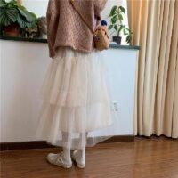 Falda de malla midi estilo coreano Kawaii de cintura alta