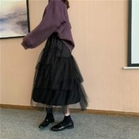 Midi Mesh kjol i koreansk stil Kawaii med hög midja