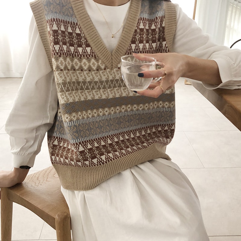 Vintage Sweater Vest Women Korean Fashion Preppy Style Knitted
