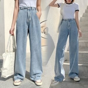 Harajuku taille haute jean large pantalon en jean kawaii