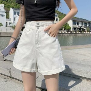 Koreańskie modne spodenki jeansowe z wysokim stanem. Spodenki dżinsowe kawaii