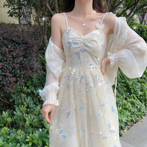 Summer Iridescent Butterflies Beige Straps Long Dress - Kawaii Fashion ...