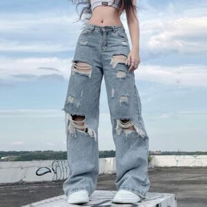 Calça jeans solta rasgada street cintura alta kawaii