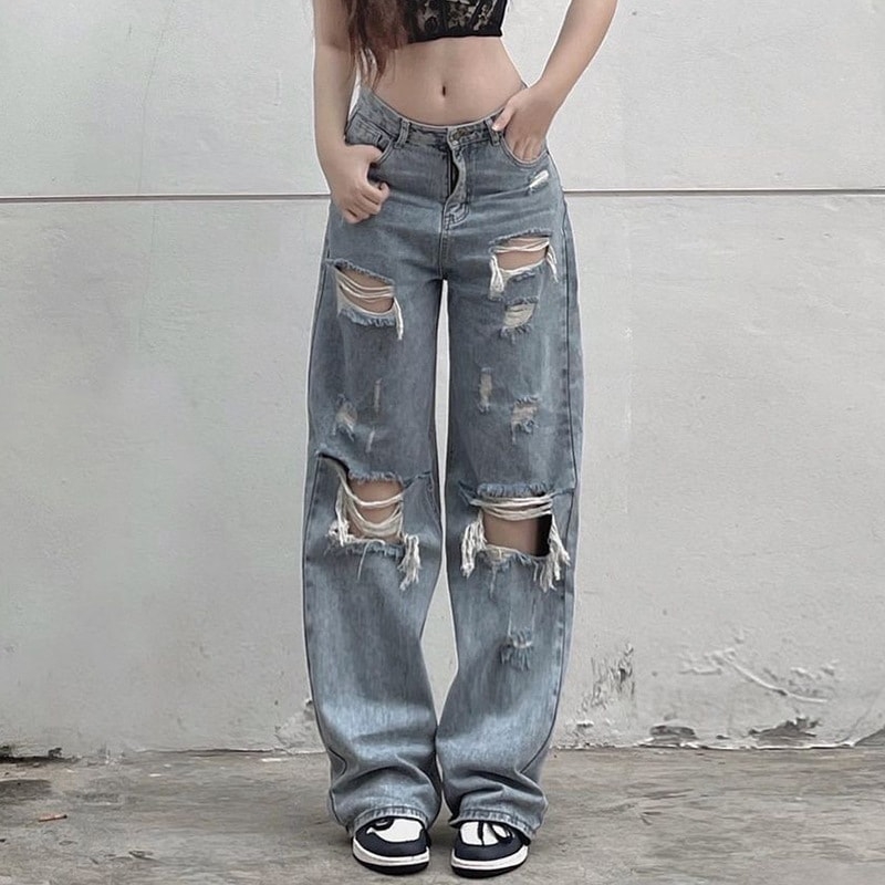 Ripped Loose Denim Street Pants - Kawaii Fashion Shop | Cute Asian ...